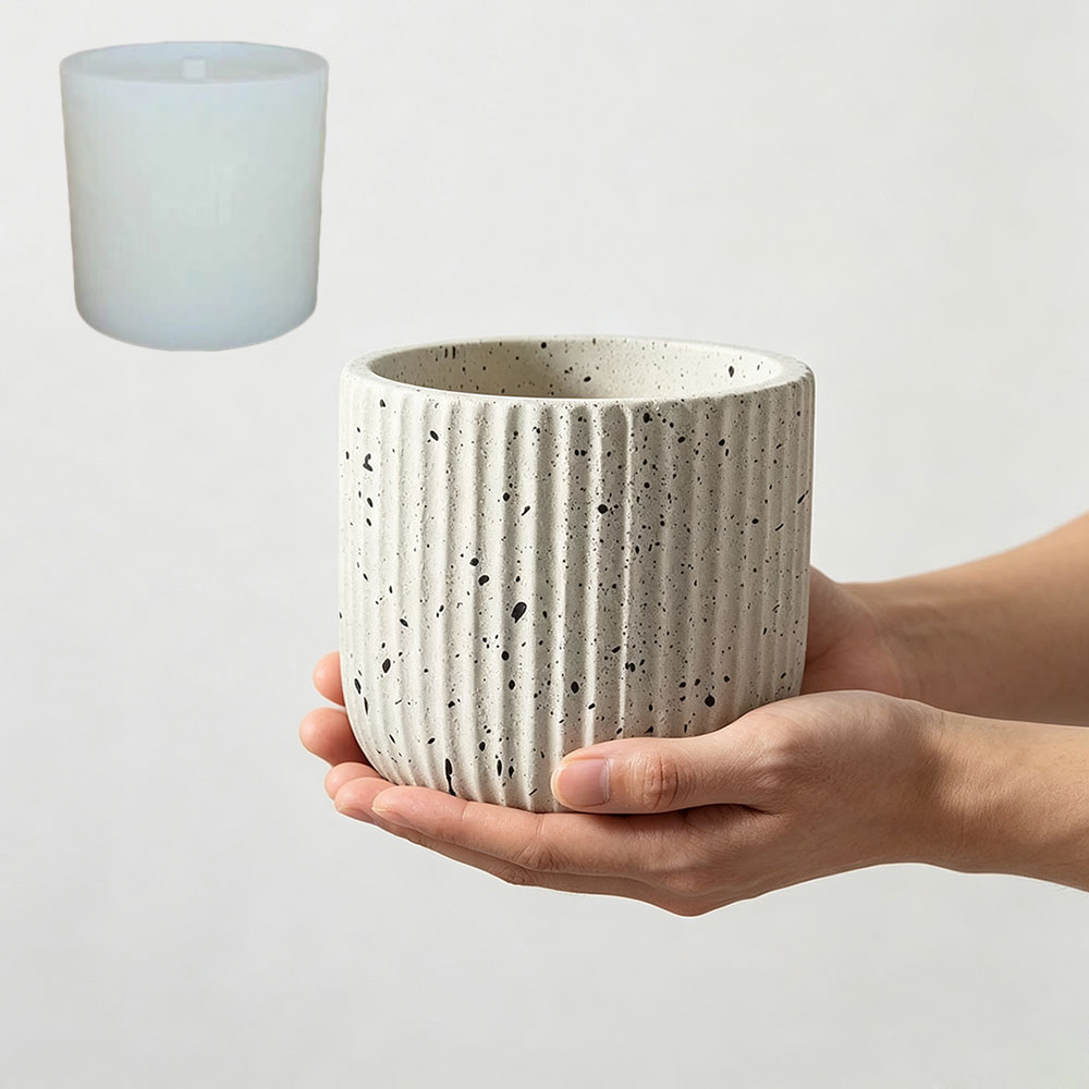 Terrazzo Pot Cement - Minimalist Çizgili Terrazzo Beton Saksı Silikon