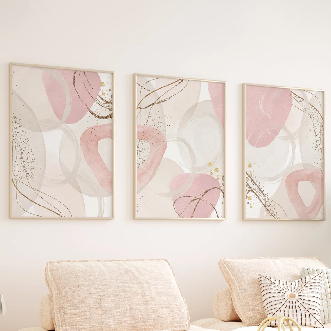 Abstract Canvas Set - 3 Parçalı Set Duvar Sanatı Pembe