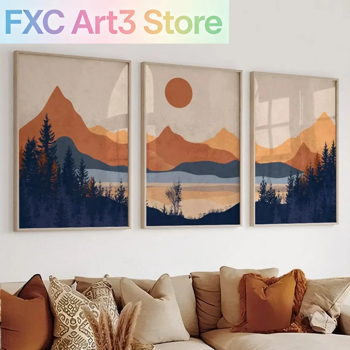 Abstract Canvas Set - 3 adet/takım çerçevesiz, Terracotta Mavi Minimalist