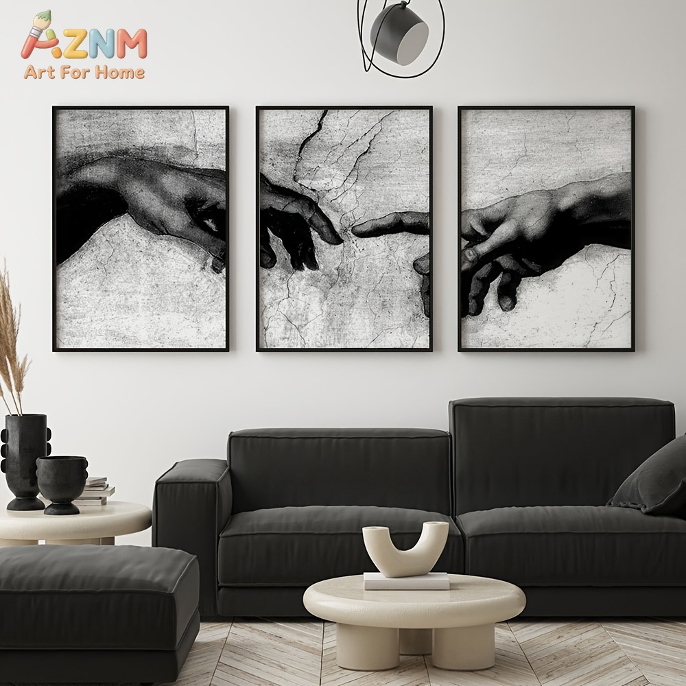 Abstract Canvas Set - 3PCS Siyah Beyaz Adam'ın Yaratılışı Elleri